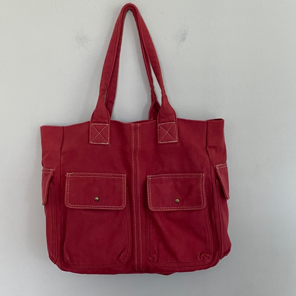 Alternative Red Canvas Oversized Tote Bag with Pockets